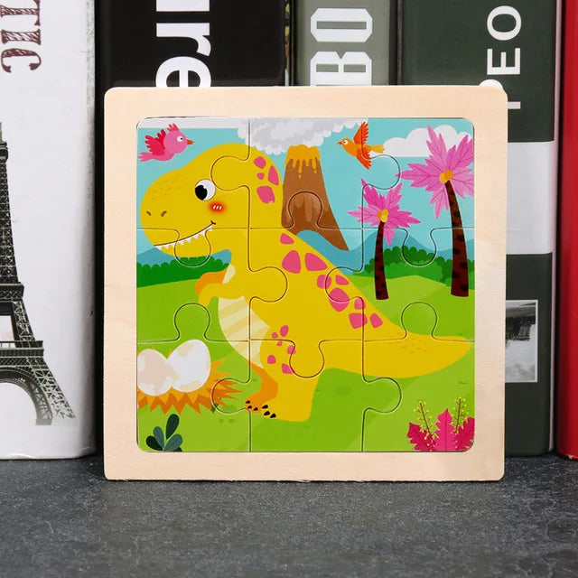 Kids wooden 3D tangram puzzle with yellow cartoon dinosaur and colorful flowers