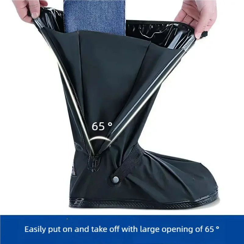 Black waterproof high-top shoe cover with wide opening and fastening strap