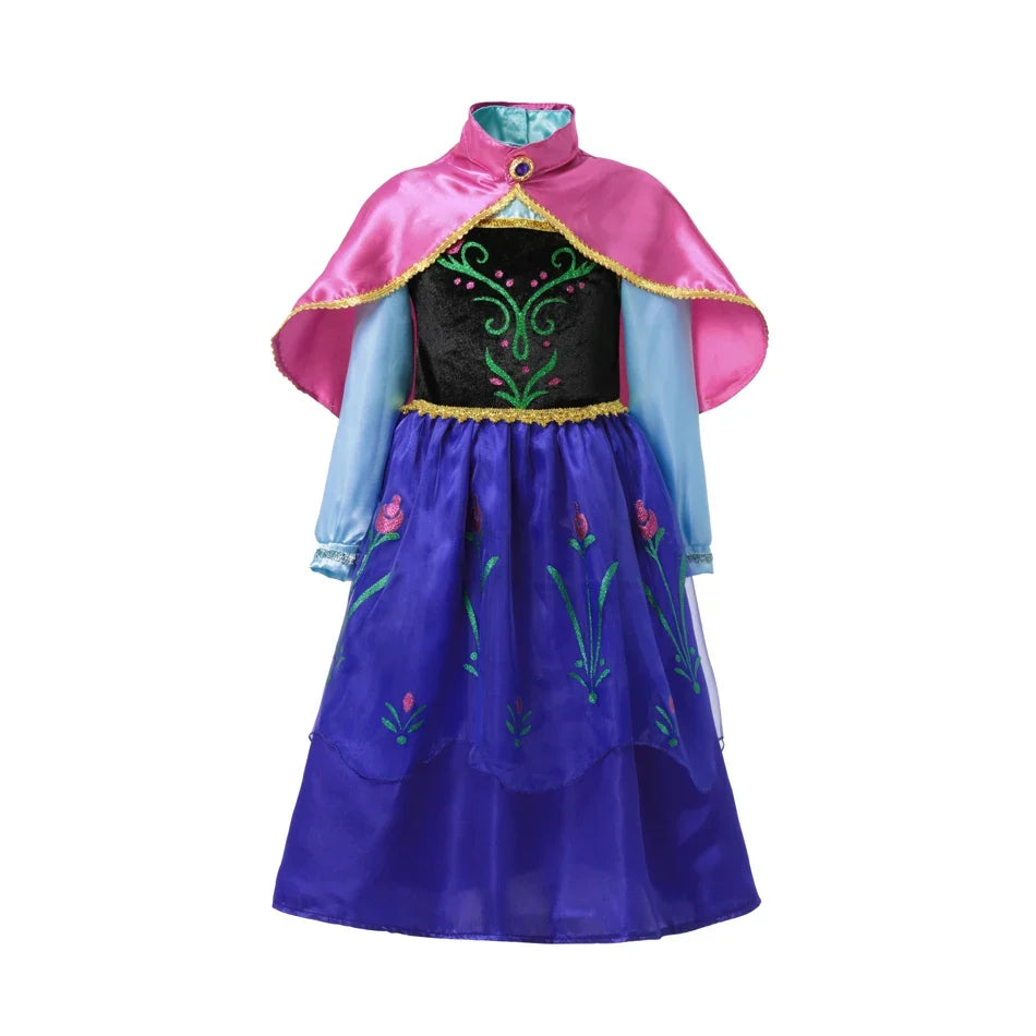 Ice Queen princess dress with pink high-collar cape and blue floral-patterned skirt