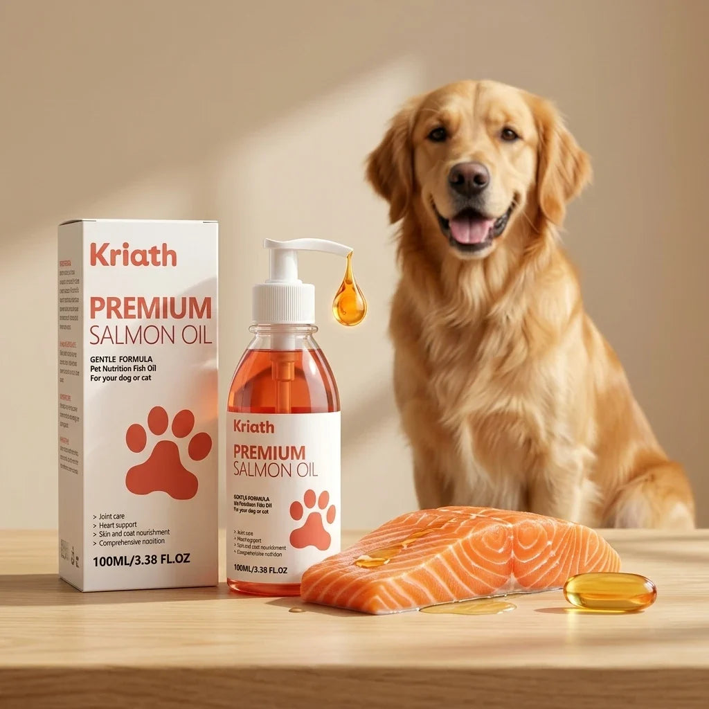 Premium salmon oil supplement bottle with pump, amber liquid and matching box packaging
