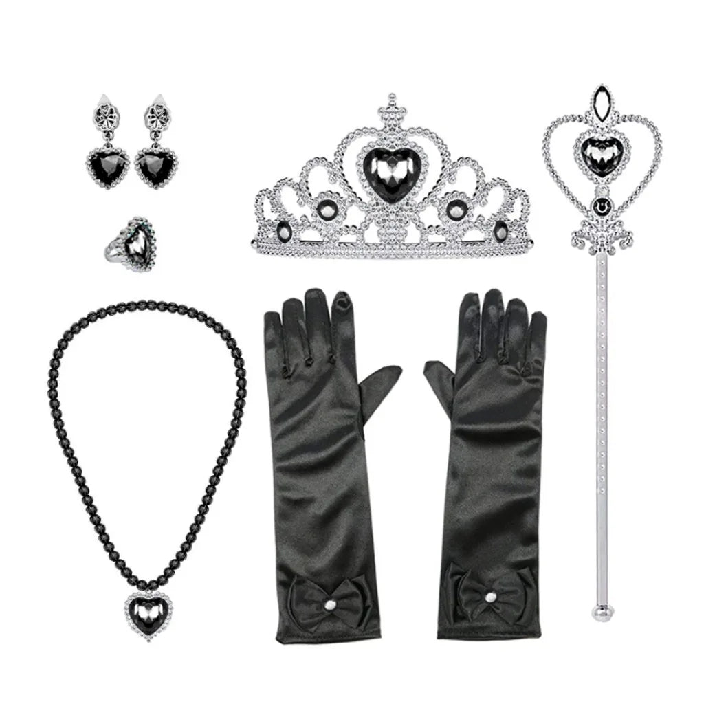 Vampire costume accessory set: heart necklace, tiara, gloves, earrings, wand
