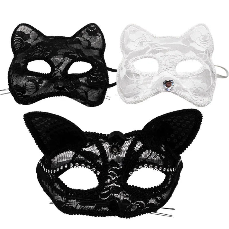 Assorted lace cat masquerade masks: black and white designs with gem-like center