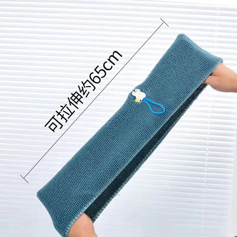 Blue toilet seat cover mat with handle cord, shown with size measurement