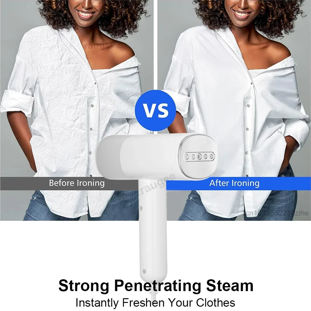 Handheld steamer steaming a white shirt on a model