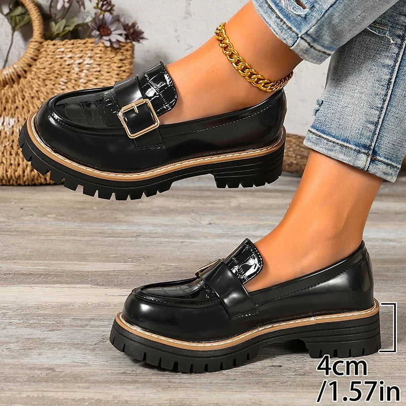 Black patent leather buckle loafers, thick sole with tan trim, 4cm heel