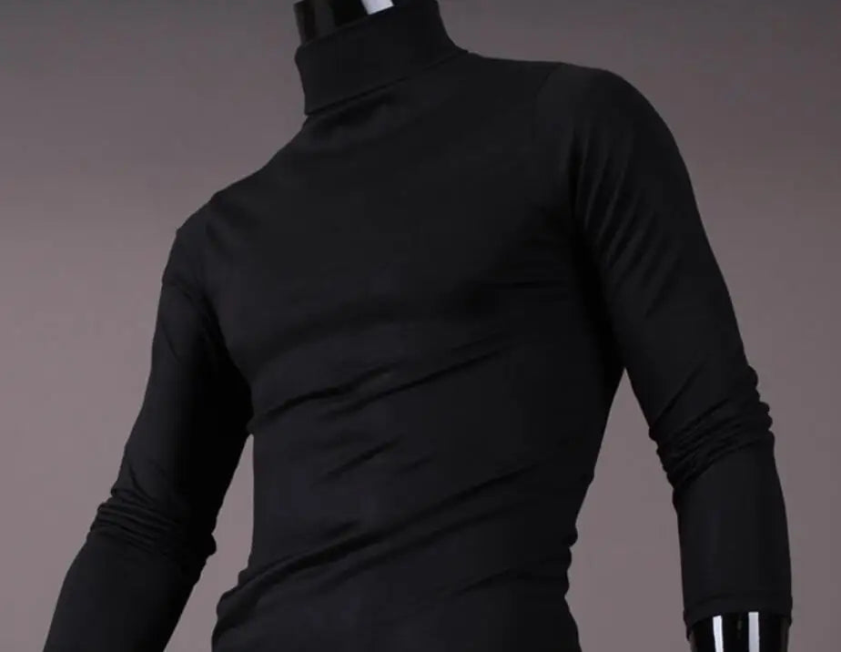 Men's slim-fit thermal shirt, black, high neck, long sleeves with ruching