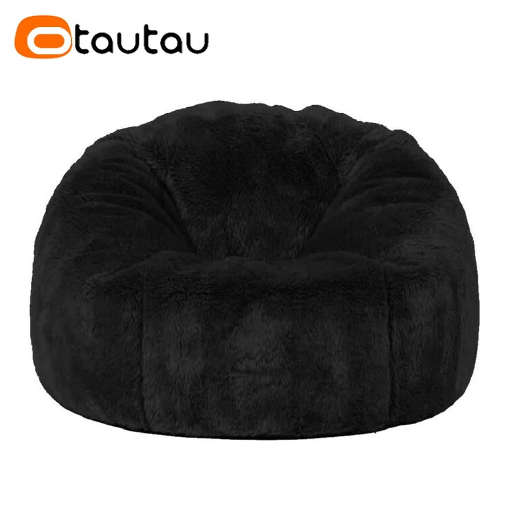 Black faux fur bean bag pouf cover with rounded shape and tufted stitched seams