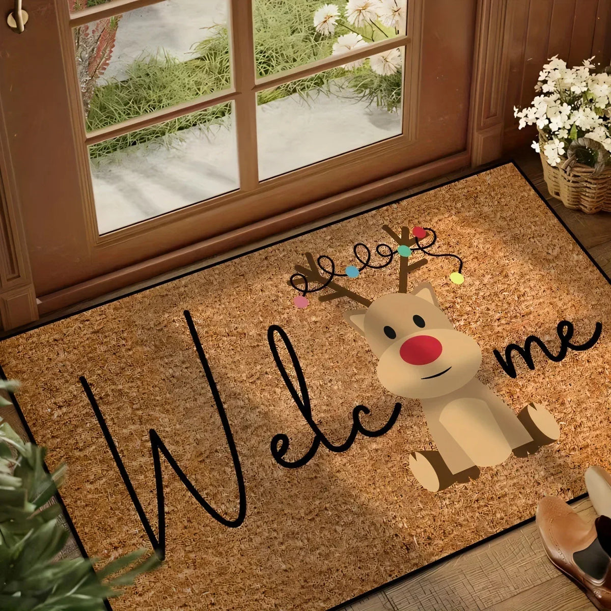 Christmas coir doormat with reindeer graphic and 'Hello me' text