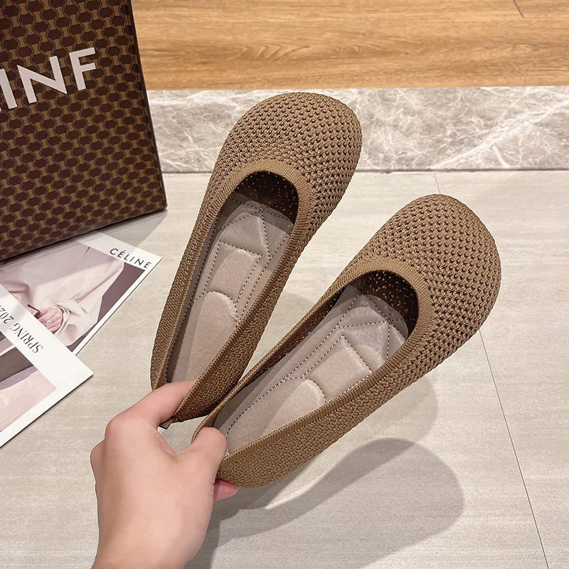 Khaki knitted slip-on flats with perforated texture and flat cushioned sole