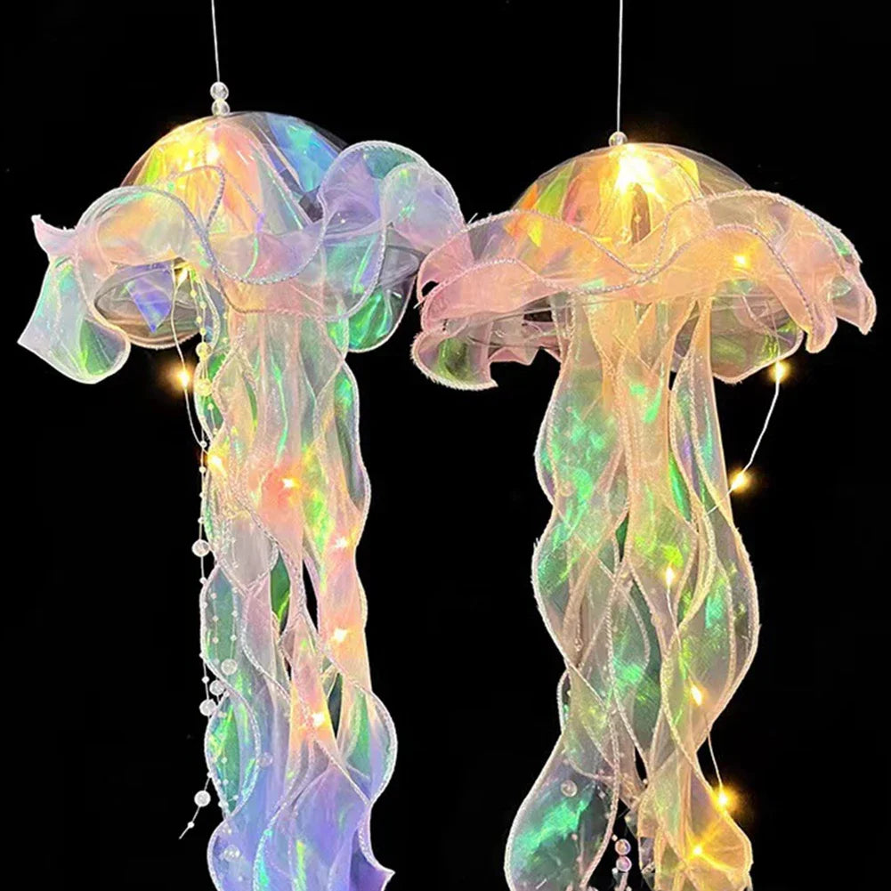 Jellyfish lantern hanging lamp pair with glowing rainbow translucent jellyfish