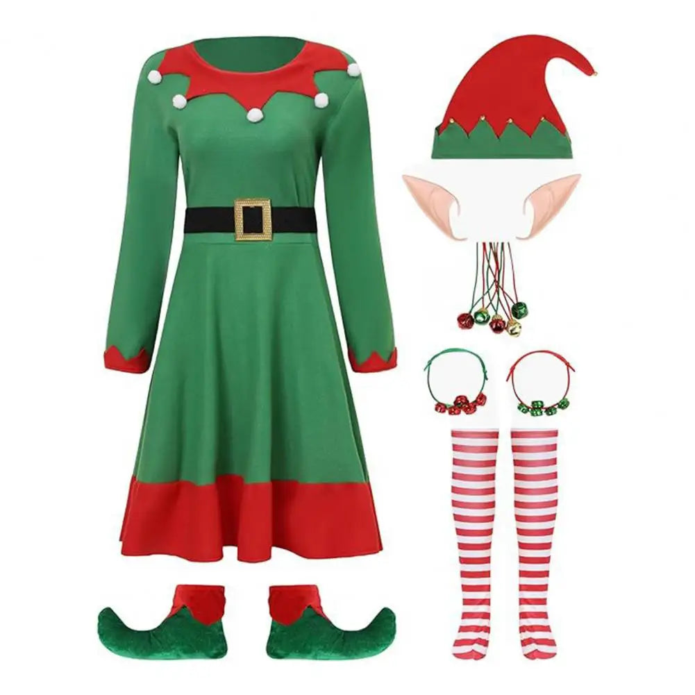 Green elf costume set: long-sleeve dress, belt, striped socks, hat, shoes and accessories