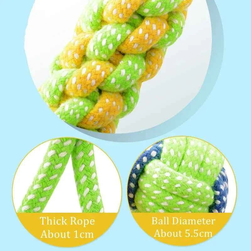 Braided cotton rope dog toy ball in light green with blue and orange flecks