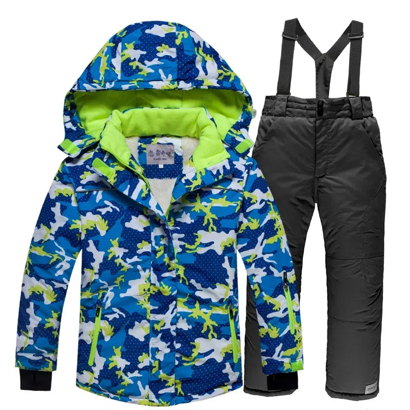 Kids blue camo ski jacket with green hood lining and black snow bib pants