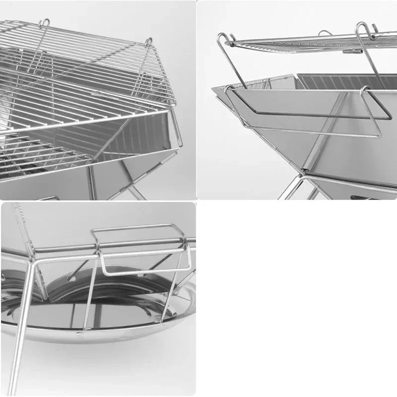 Folding grill with removable wire cooking grate and metal side supports, close-up