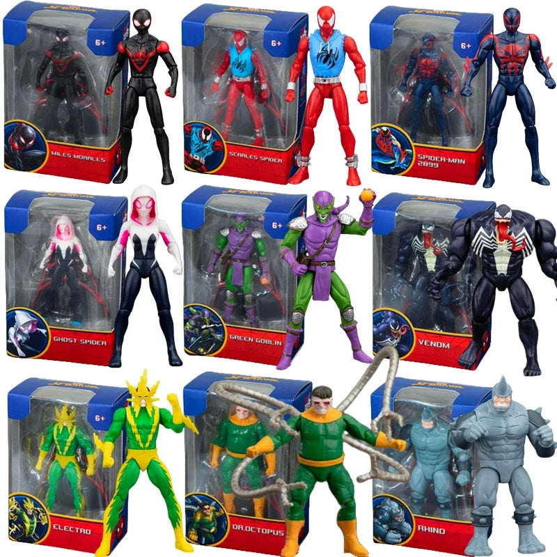 Assorted 4-inch poseable superhero action figures in boxed sets, multiple characters