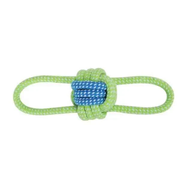 Cotton rope dog toy with green loop rope and blue-and-green center knot