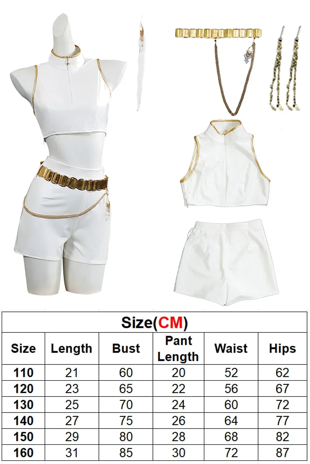Kids costume set: white crop top and shorts with gold belt and layered chain accessories