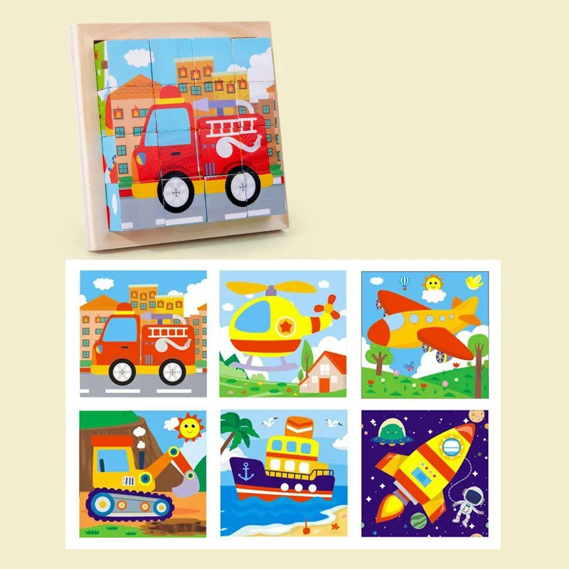 Wooden vehicle puzzle blocks set with a red fire truck block and sea scene tiles