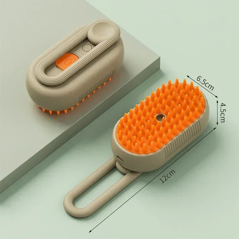 Electric steam pet brush with two sizes shown, beige handle and bright orange head