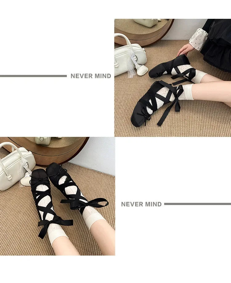 Pair of women’s ribbon lace-up ballet flats in black with square toe and bow ties