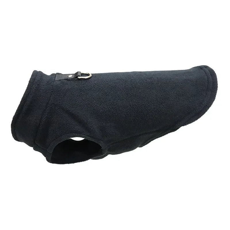 Black fleece pet jacket vest with D-ring strap and round leg opening