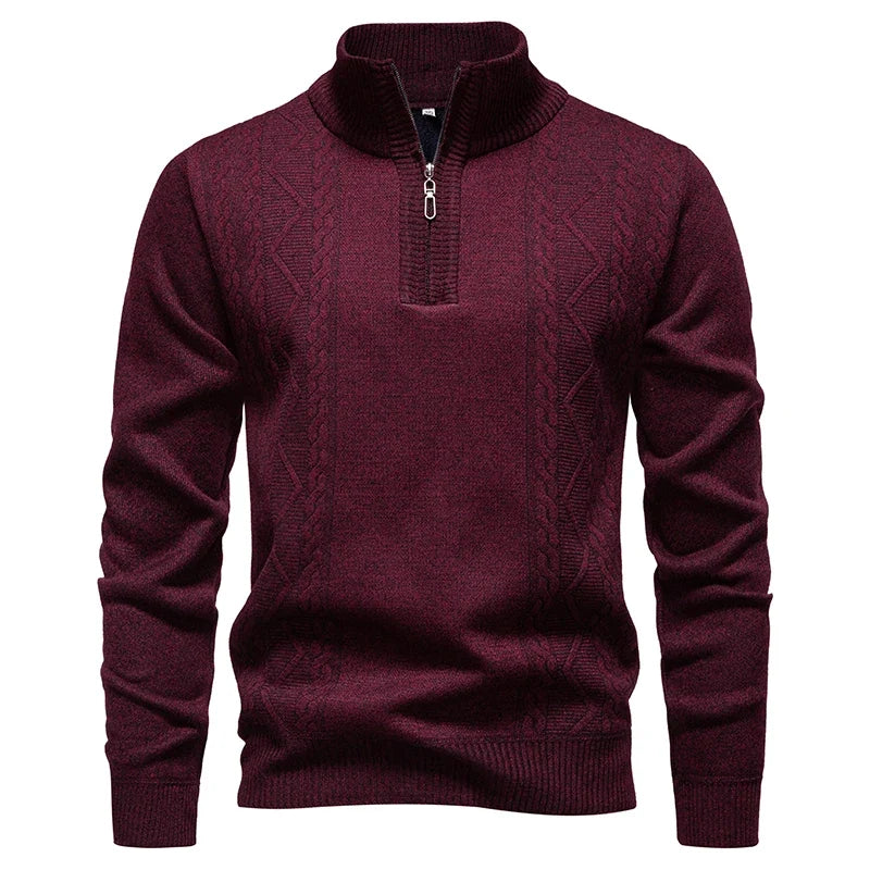Burgundy men's knit pullover sweater with stand collar and half-zip