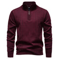 Burgundy men's knit pullover sweater with stand collar and half-zip