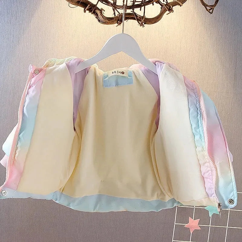 Kids' pastel hooded puffer jacket, open front lining view, side zipper detail