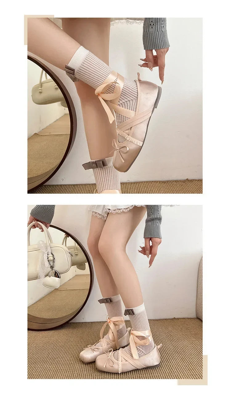 Women’s satin ballet flats shown in light pink and beige tones with ribbon lace-up