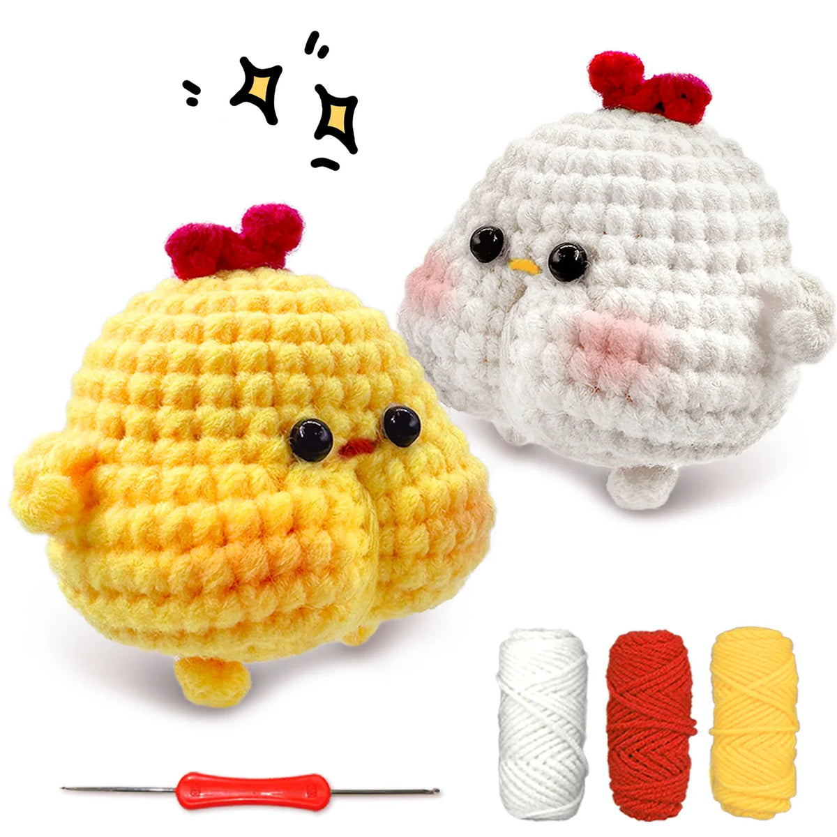 Crocheted chick plush pair in yellow and white with yarn balls and crochet tools