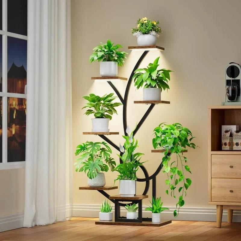 Black metal 8-tier plant stand with wooden shelves, filled with potted plants