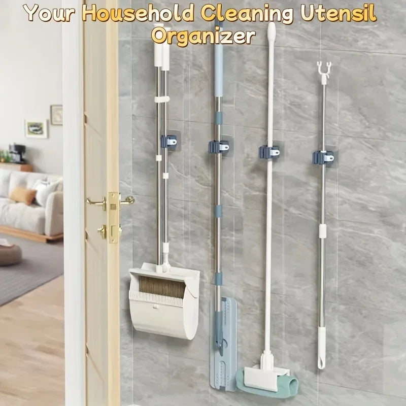 Wall-mounted mop and broom organizer with multiple clip holders for tools