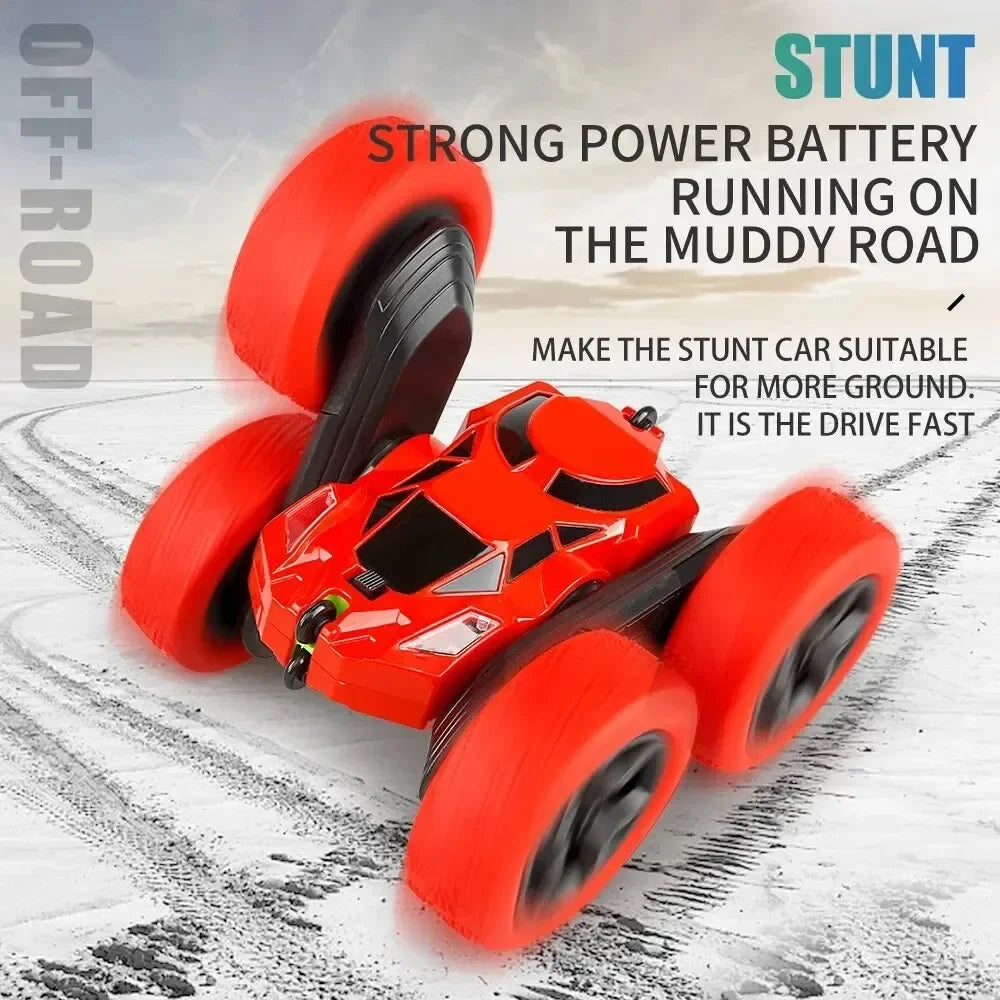 Red RC stunt car with thick tread tires for muddy-road stunts