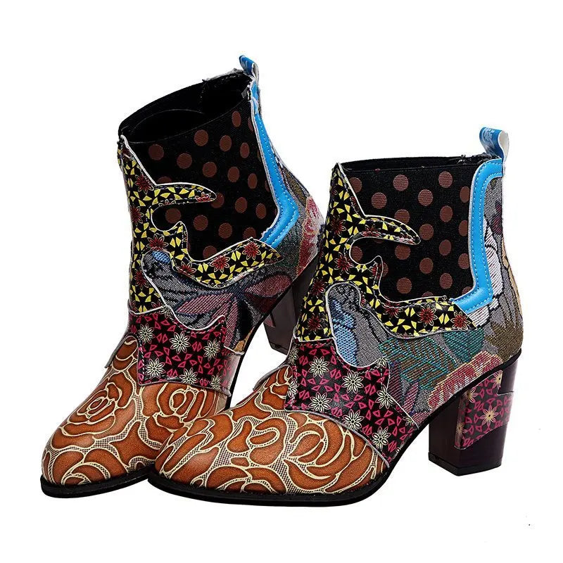 Women’s patchwork ankle boots with side zipper, stacked heel, and colorful floral accents