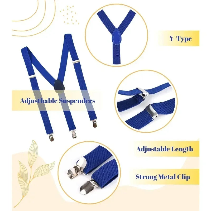 Blue adjustable suspenders with metal clips, Y-type, for costume accessories