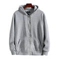 Mens grey zip-up hoodie with hood, drawstrings, long sleeves, front pockets