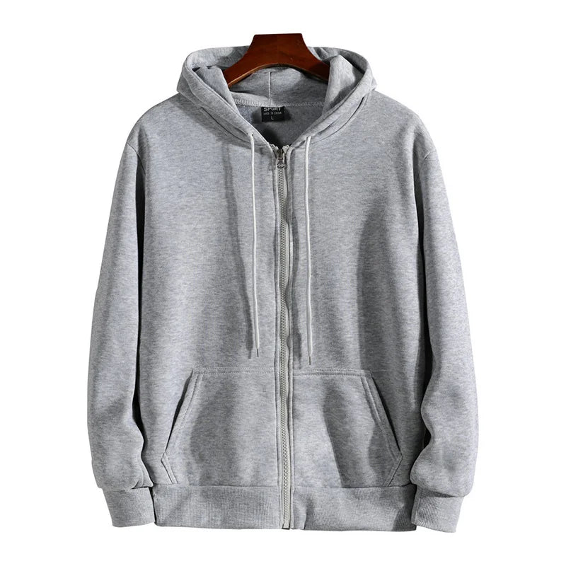 Mens grey zip-up hoodie with hood, drawstrings, long sleeves, front pockets