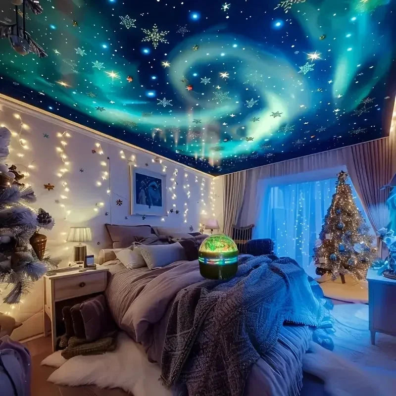Multicolor LED galaxy projector light on a bedside table, glowing on nearby surfaces.