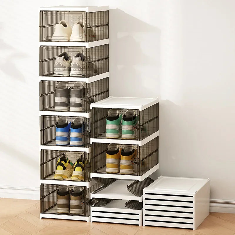 Stackable clear plastic shoe storage cabinet with wire mesh shelves, holding sneakers