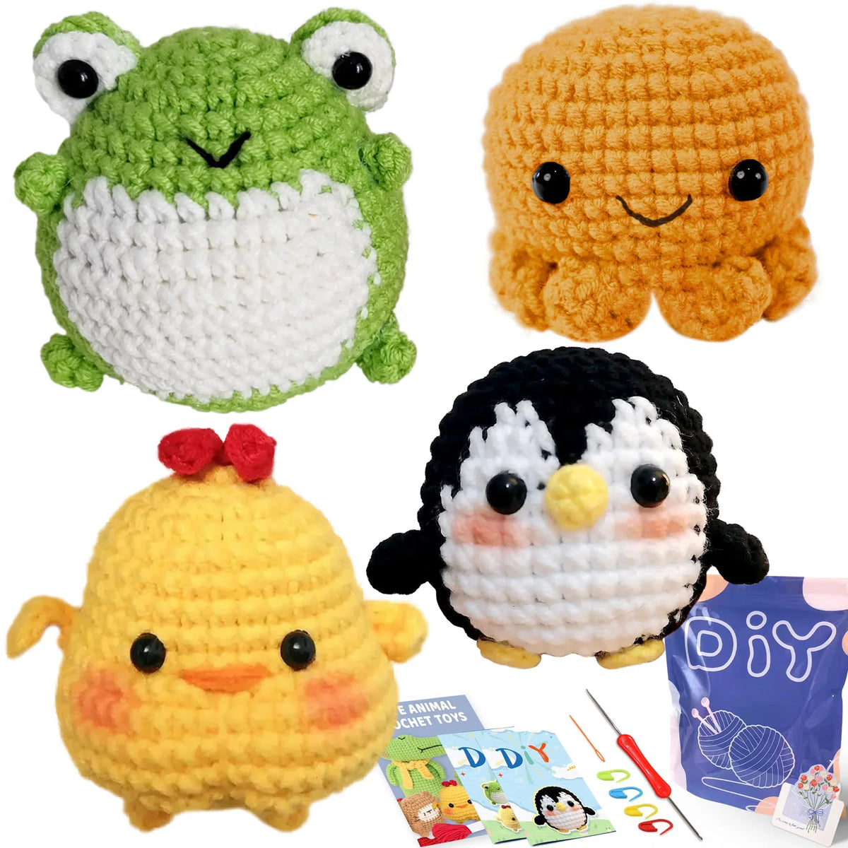 Crocheted animal figures set with frog, octopus, chick, penguin, and kit pouch