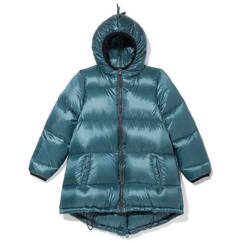 Kids teal dinosaur-hood puffer parka coat with full-zip and padded hood spikes