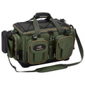 Army green waterproof fishing tackle shoulder bag with multiple zip compartments