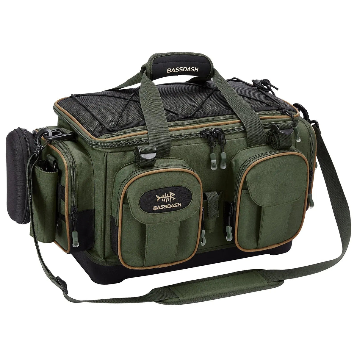 Army green waterproof fishing tackle shoulder bag with multiple zip compartments