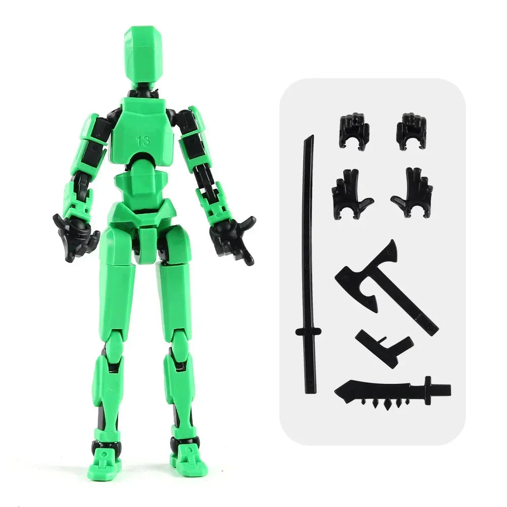 Green multi-jointed action figure robot with black weapons and accessory parts
