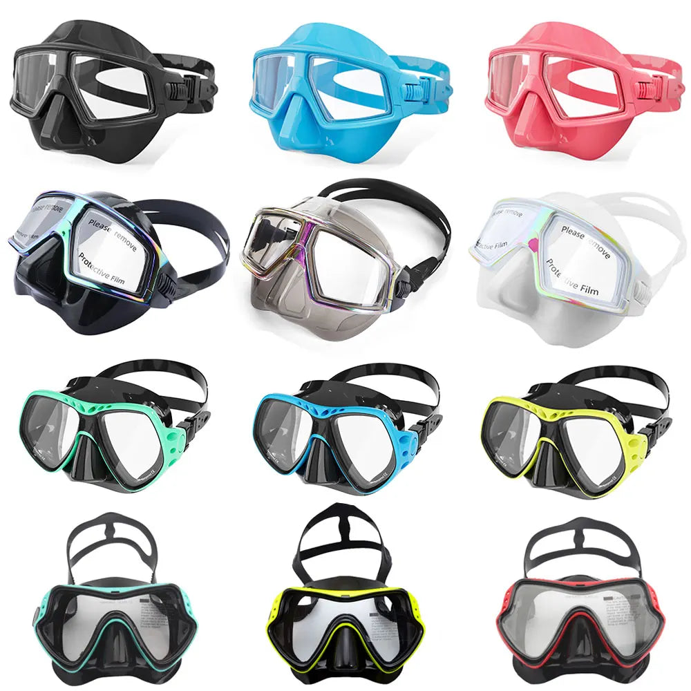 Adult scuba diving goggles set in multiple colors, silicone skirt and tempered glass lenses.
