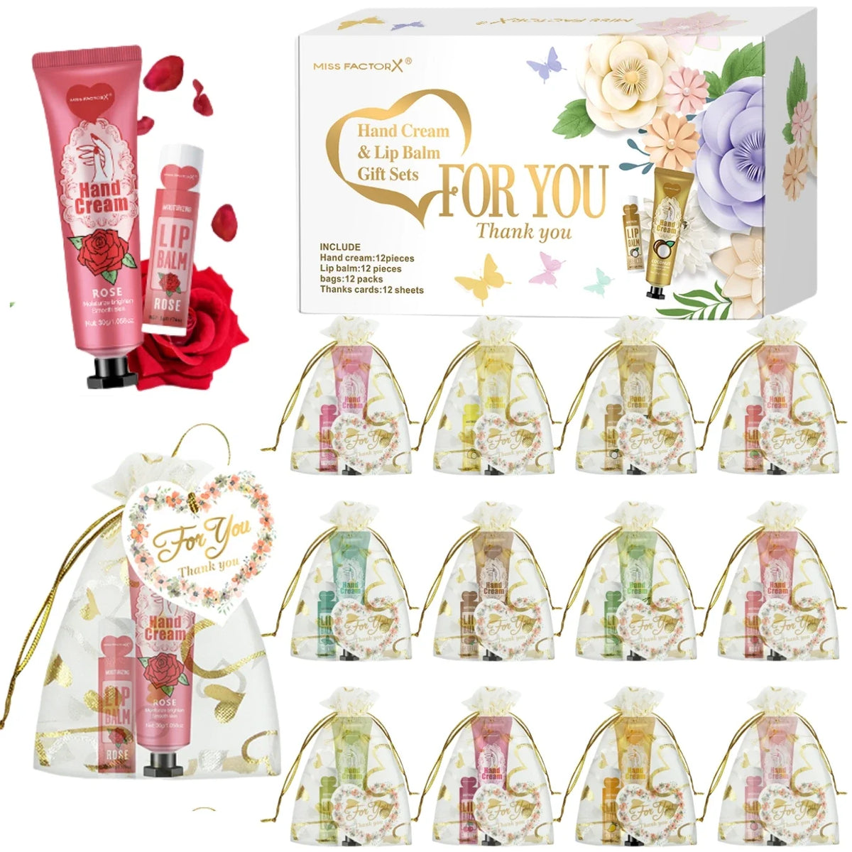 Hand cream & lip balm gift set with box, mini tubes, and multiple drawstring net bags