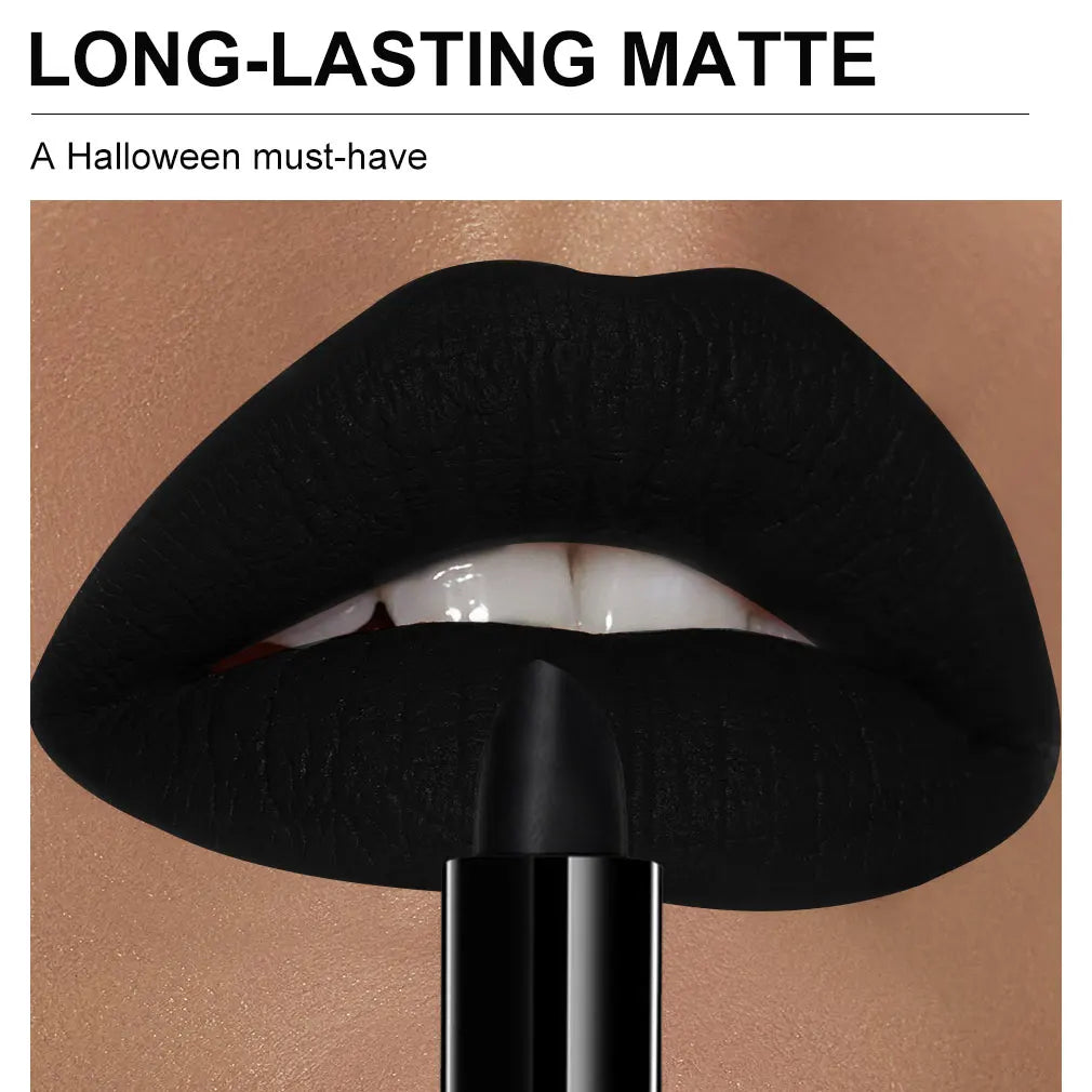 Matte black lipstick on full lips, long-lasting matte look