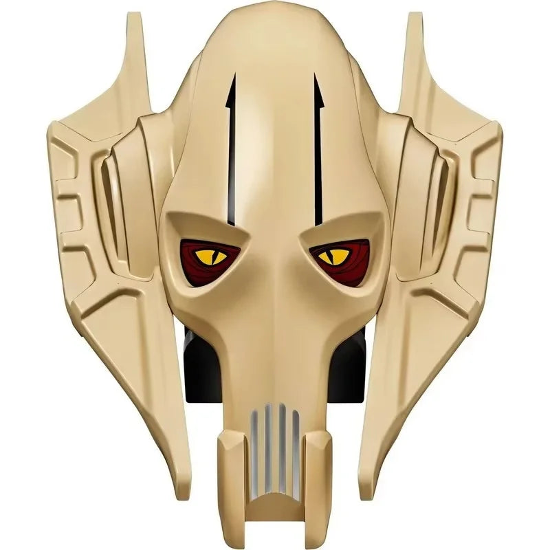Tan robot head with red eyes and angular armor, part of the buildable figure