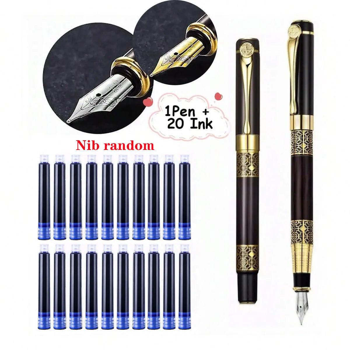 Two retro fountain pens with gold patterned barrels and blue ink refill tubes set