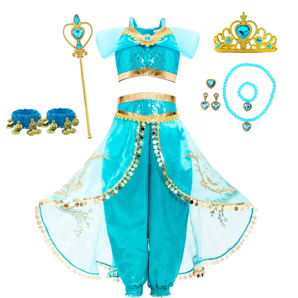 Turquoise and gold princess cosplay dress with matching off-shoulder headpiece